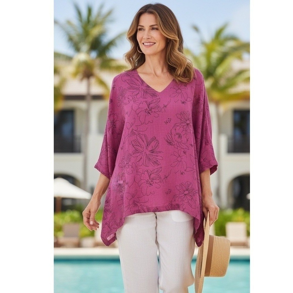 Mosaic‎ USA Linen Tunic Top Womens Large Pink Floral Lagenlook Resort Wear